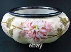 CHRYSANTHEMUMS Antique Satin Glass FERNER Bowl Signed SMITH Bros. C. 1890's