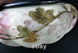 CHRYSANTHEMUMS Antique Satin Glass FERNER Bowl Signed SMITH Bros. C. 1890's