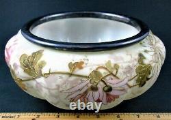 CHRYSANTHEMUMS Antique Satin Glass FERNER Bowl Signed SMITH Bros. C. 1890's