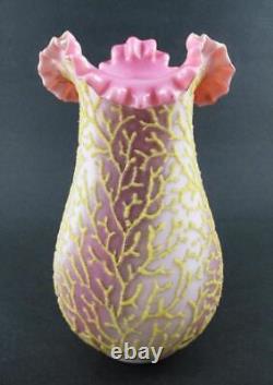 CORALENE encrusted SEAWEED pattern 9 VASE Pink & White Victorian Art Glass