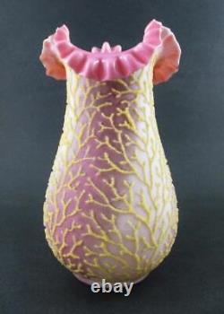 CORALENE encrusted SEAWEED pattern 9 VASE Pink & White Victorian Art Glass