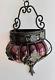 Caged Purple Glass Wall Hang Planter Grape Leaves Motif Vtg Gothic Victorian