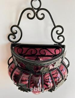 Caged Purple Glass Wall Hang Planter Grape leaves Motif VTG Gothic Victorian
