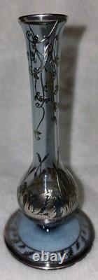 Cambridge Rockwell Hand Blown Glass Etched Vase with Sterling Silver Overlay