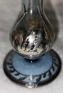Cambridge Rockwell Hand Blown Glass Etched Vase with Sterling Silver Overlay