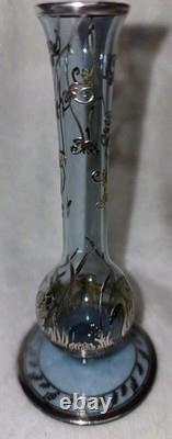 Cambridge Rockwell Hand Blown Glass Etched Vase with Sterling Silver Overlay