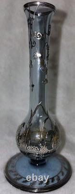 Cambridge Rockwell Hand Blown Glass Etched Vase with Sterling Silver Overlay