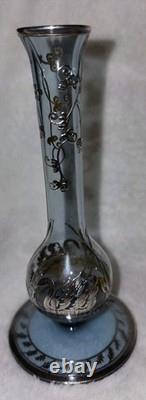 Cambridge Rockwell Hand Blown Glass Etched Vase with Sterling Silver Overlay