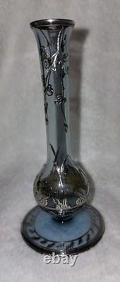 Cambridge Rockwell Hand Blown Glass Etched Vase with Sterling Silver Overlay