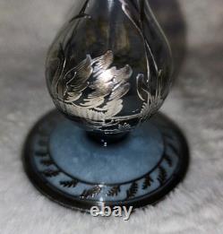 Cambridge Rockwell Hand Blown Glass Etched Vase with Sterling Silver Overlay