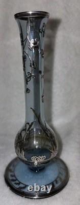 Cambridge Rockwell Hand Blown Glass Etched Vase with Sterling Silver Overlay