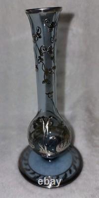 Cambridge Rockwell Hand Blown Glass Etched Vase with Sterling Silver Overlay