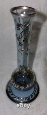 Cambridge Rockwell Hand Blown Glass Etched Vase with Sterling Silver Overlay