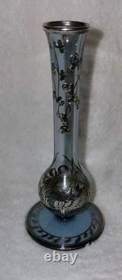 Cambridge Rockwell Hand Blown Glass Etched Vase with Sterling Silver Overlay