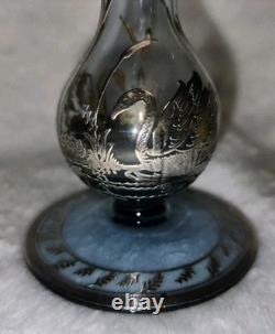 Cambridge Rockwell Hand Blown Glass Etched Vase with Sterling Silver Overlay