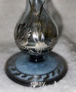 Cambridge Rockwell Hand Blown Glass Etched Vase with Sterling Silver Overlay