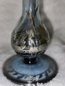 Cambridge Rockwell Hand Blown Glass Etched Vase with Sterling Silver Overlay