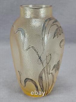 Carl Goldberg Bohemian Silver Overlay Yellow Glass 4 7/8 Inch Vase Circa 1900