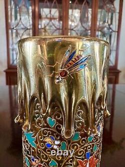Circa 1890 Moser Rosaline Gilt Amber Glass vase with Gilt Drippings, Bugs & Flora