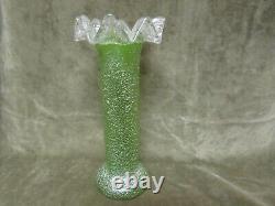 Circa 1900's Austria Art Glass Vase Green withSilver Fleck Surface Crimped Collar