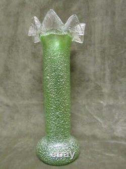 Circa 1900's Austria Art Glass Vase Green withSilver Fleck Surface Crimped Collar