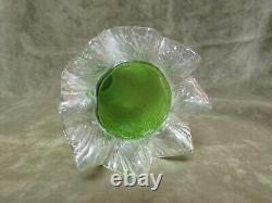 Circa 1900's Austria Art Glass Vase Green withSilver Fleck Surface Crimped Collar