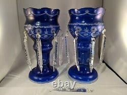Cobalt Blue Cut To Clear Mantle Lusters Bohemian Crystals Candlestick 13.5 in