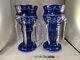 Cobalt Blue Cut To Clear Mantle Lusters Bohemian Crystals Candlestick 13.5 In