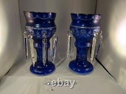 Cobalt Blue Cut To Clear Mantle Lusters Bohemian Crystals Candlestick 13.5 in