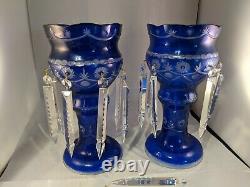 Cobalt Blue Cut To Clear Mantle Lusters Bohemian Crystals Candlestick 13.5 in