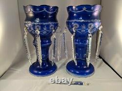 Cobalt Blue Cut To Clear Mantle Lusters Bohemian Crystals Candlestick 13.5 in