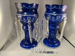 Cobalt Blue Cut To Clear Mantle Lusters Bohemian Crystals Candlestick 13.5 in