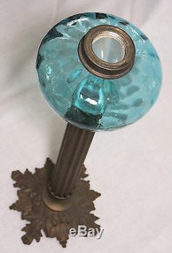 Column LAMP, France, brass, art glass font, blue interior spiral rib, 16t, c1880