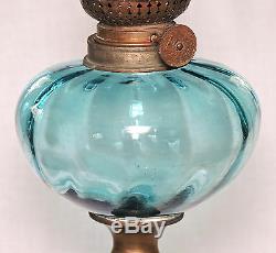 Column LAMP, France, brass, art glass font, blue interior spiral rib, 16t, c1880