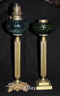 Column LAMP, France, brass, art glass font, blue interior spiral rib, 16t, c1880