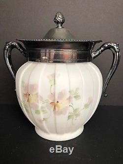 Consolidated Glass Silver Plate Paris Torquay Biscuit Jar Hand Painted Floral