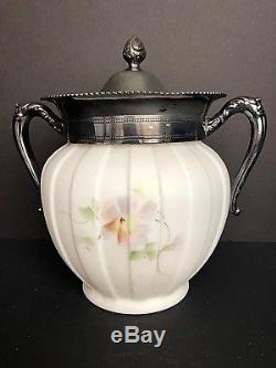 Consolidated Glass Silver Plate Paris Torquay Biscuit Jar Hand Painted Floral