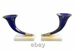 Cornucopia Shape Vases with Brass Hands Antique Cobalt Glass Mantel Vases