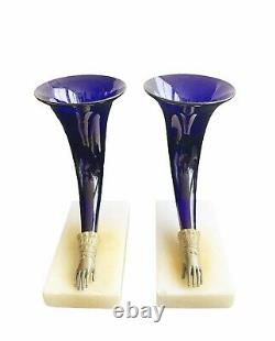 Cornucopia Shape Vases with Brass Hands Antique Cobalt Glass Mantel Vases