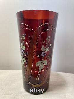 Cranberry Glass Celery Vase Victorian Enamel NOT Flashed 7 Tall Floral Bohemian