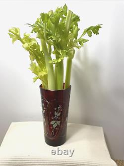 Cranberry Glass Celery Vase Victorian Enamel NOT Flashed 7 Tall Floral Bohemian