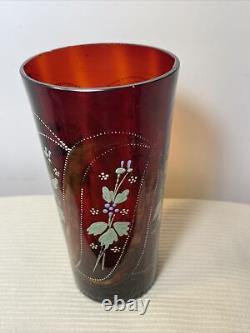 Cranberry Glass Celery Vase Victorian Enamel NOT Flashed 7 Tall Floral Bohemian