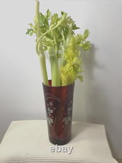 Cranberry Glass Celery Vase Victorian Enamel NOT Flashed 7 Tall Floral Bohemian