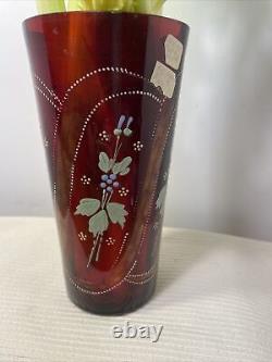 Cranberry Glass Celery Vase Victorian Enamel NOT Flashed 7 Tall Floral Bohemian