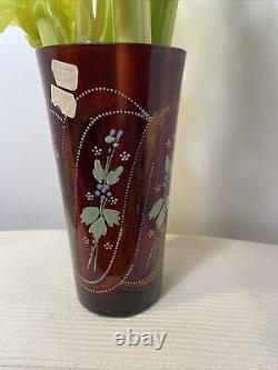 Cranberry Glass Celery Vase Victorian Enamel NOT Flashed 7 Tall Floral Bohemian