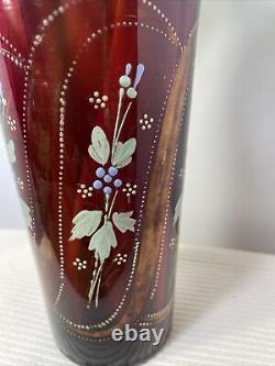 Cranberry Glass Celery Vase Victorian Enamel NOT Flashed 7 Tall Floral Bohemian