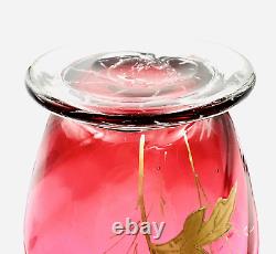 Cranberry Glass Vase Hand Blown Applied Rigaree Rim Enamel Hand Painted Floral