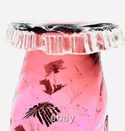 Cranberry Glass Vase Hand Blown Applied Rigaree Rim Enamel Hand Painted Floral