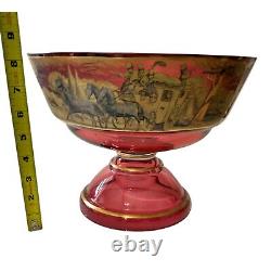 Cranberry Gold Gilt Glass Pedestal Bowl Antique Victorian Dish Stagecoach Scene