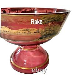 Cranberry Gold Gilt Glass Pedestal Bowl Antique Victorian Dish Stagecoach Scene